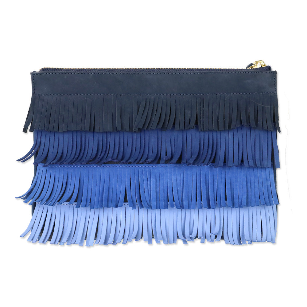 Tory Burch Multi Blue Nubuck Fringe Zipper Wristlet
