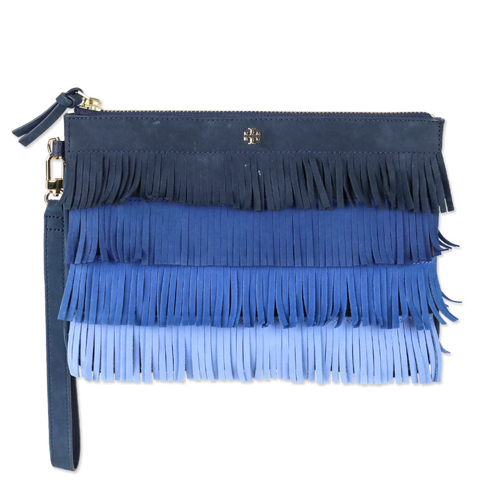 Tory Burch Multi Blue Nubuck Fringe Zipper Wristlet
