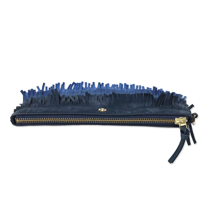 Tory Burch Multi Blue Nubuck Fringe Zipper Wristlet