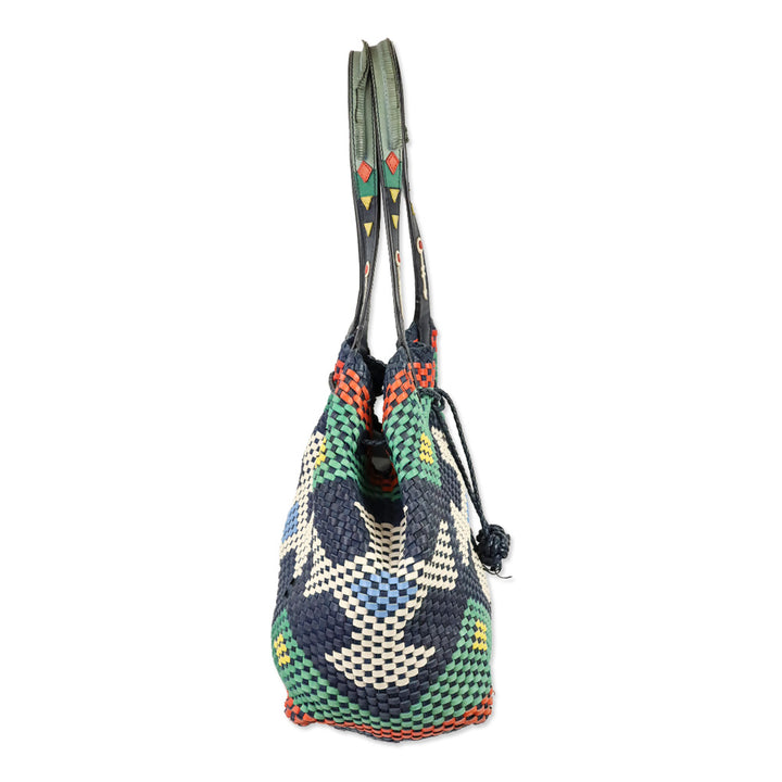 Tory Burch Navy Sea Large Drawstring Woven Leather Tote