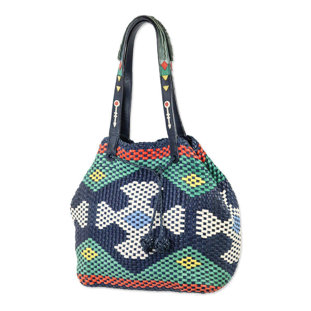 Tory Burch Navy Sea Large Drawstring Woven Leather Tote