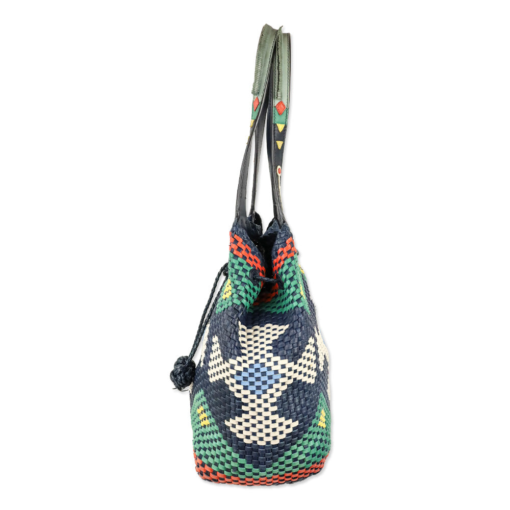 Tory Burch Navy Sea Large Drawstring Woven Leather Tote