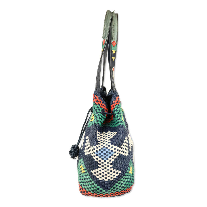 Tory Burch Navy Sea Large Drawstring Woven Leather Tote