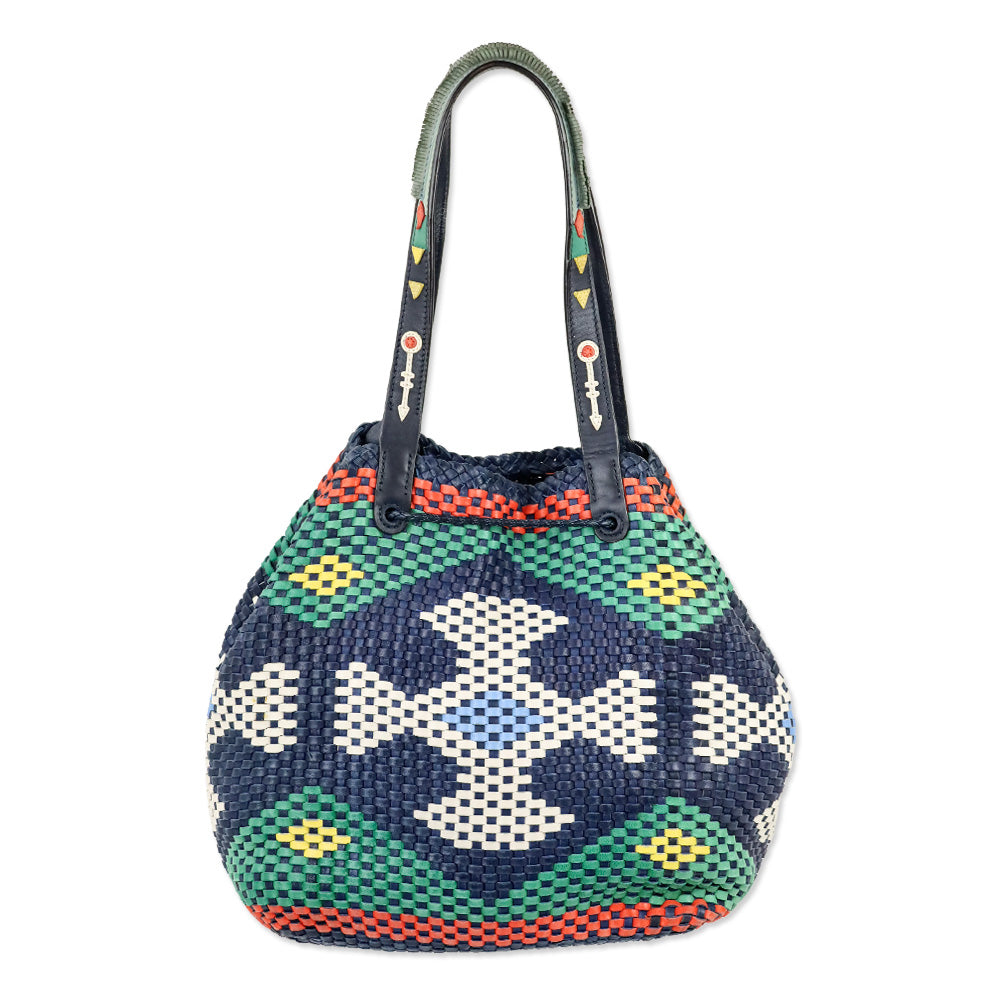 Tory Burch Navy Sea Large Drawstring Woven Leather Tote