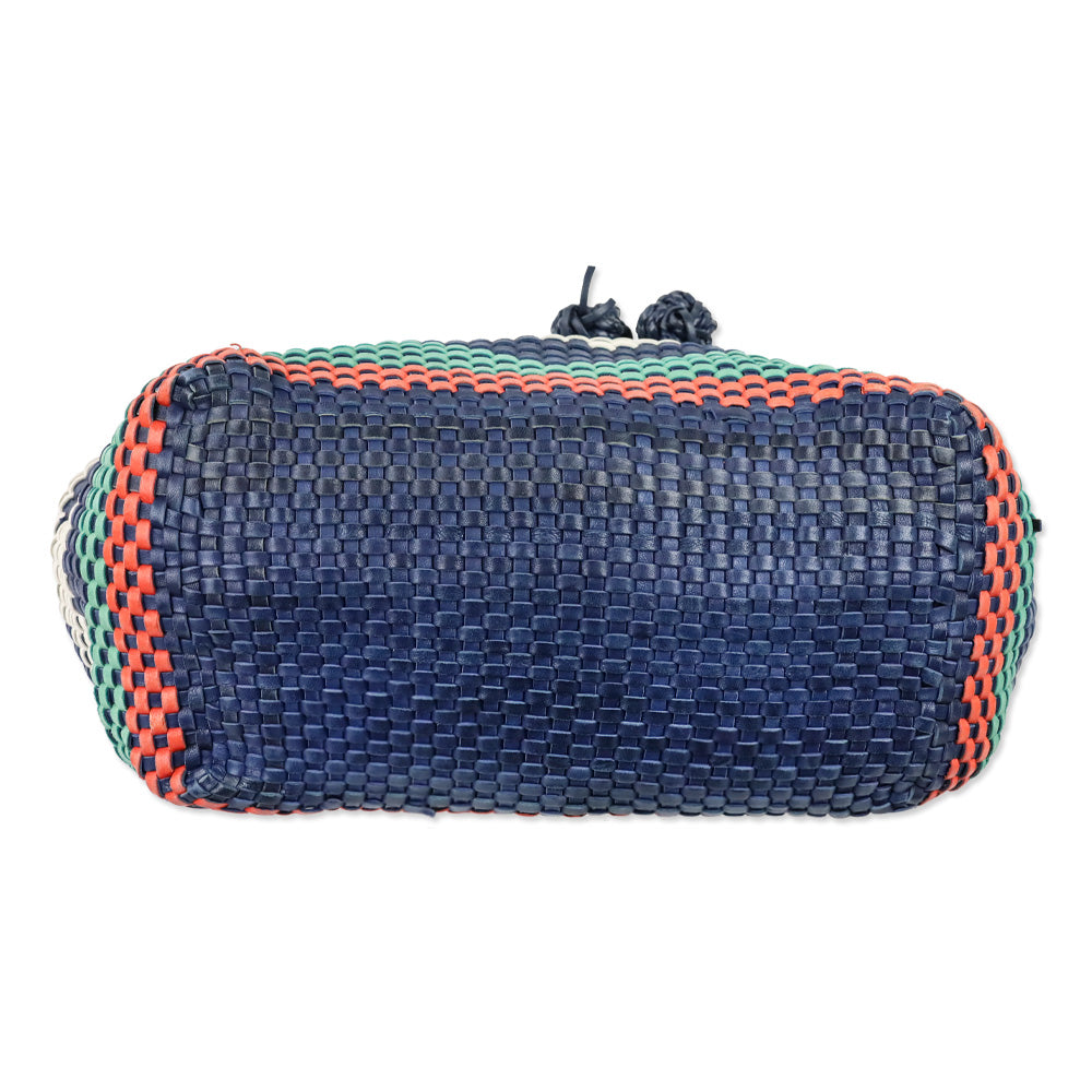 Tory Burch Navy Sea Large Drawstring Woven Leather Tote