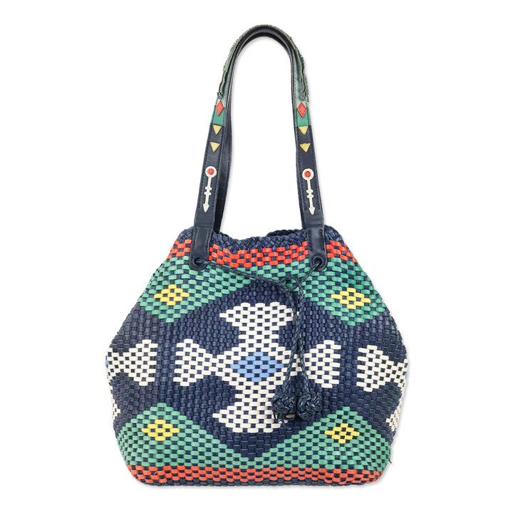 Tory Burch Navy Sea Large Drawstring Woven Leather Tote