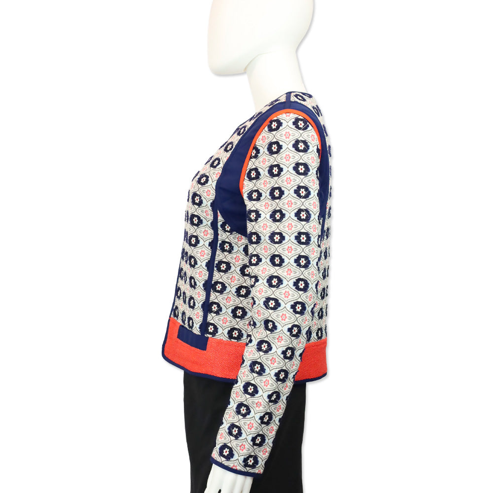 Tory Burch Navy/Orange Rainford Daisy Jacquard Quilted Jacket
