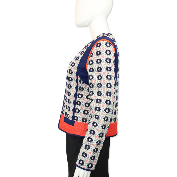 Tory Burch Navy/Orange Rainford Daisy Jacquard Quilted Jacket