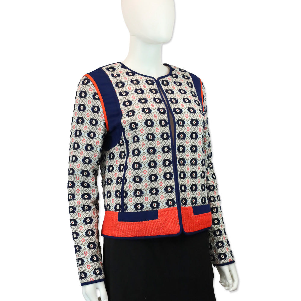 Tory Burch Navy/Orange Rainford Daisy Jacquard Quilted Jacket