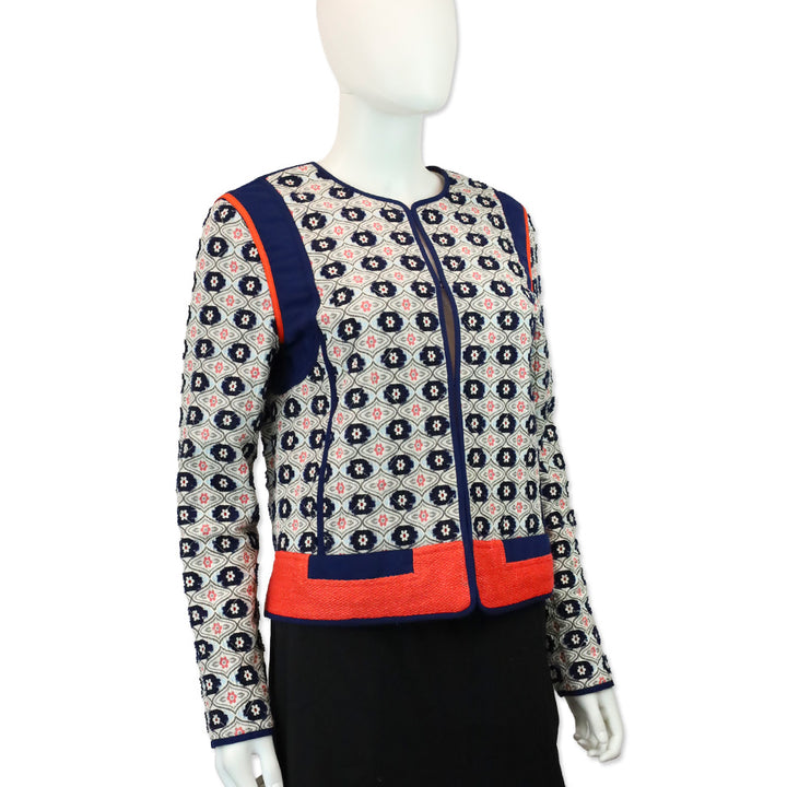 Tory Burch Navy/Orange Rainford Daisy Jacquard Quilted Jacket