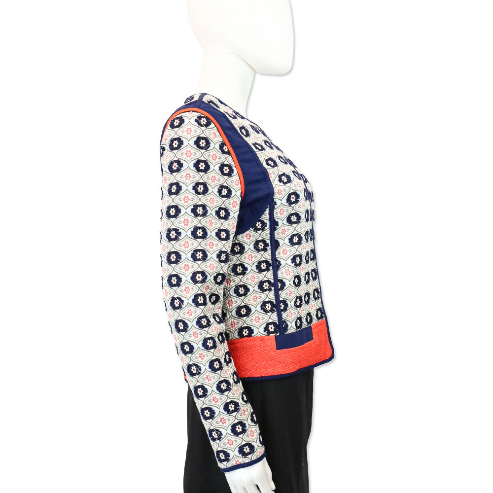 Tory Burch Navy/Orange Rainford Daisy Jacquard Quilted Jacket
