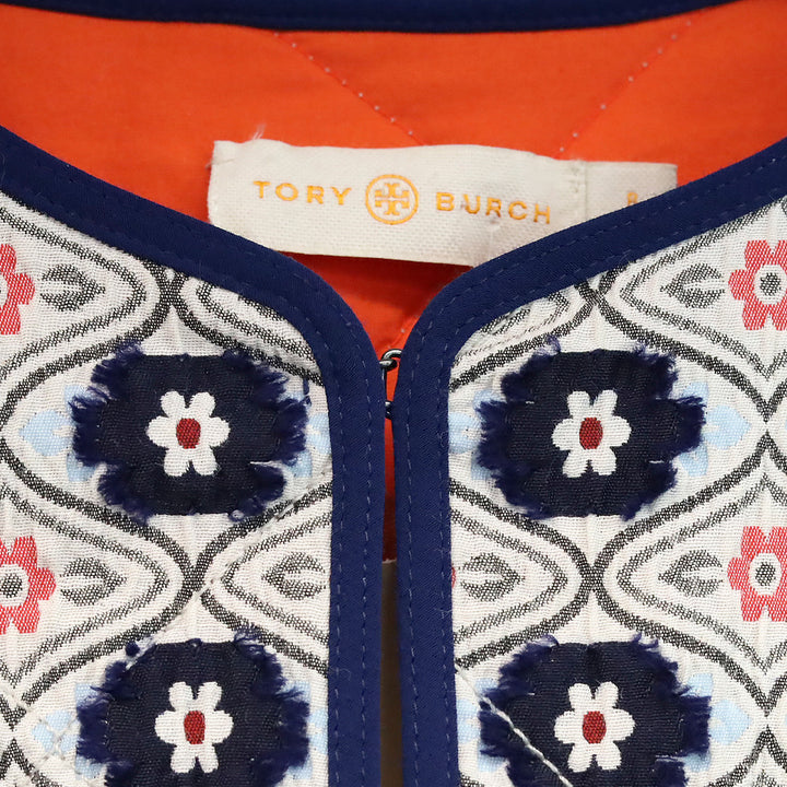 Tory Burch Navy/Orange Rainford Daisy Jacquard Quilted Jacket
