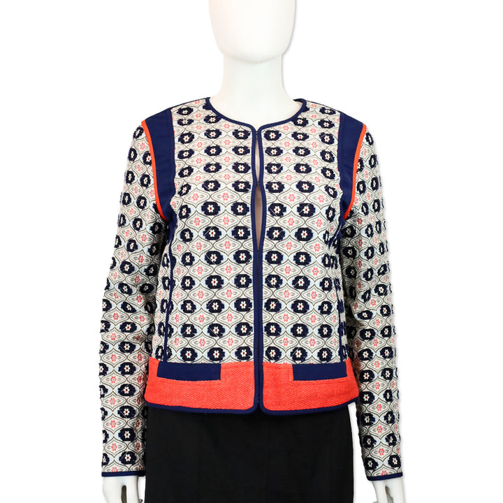 Tory Burch Navy/Orange Rainford Daisy Jacquard Quilted Jacket