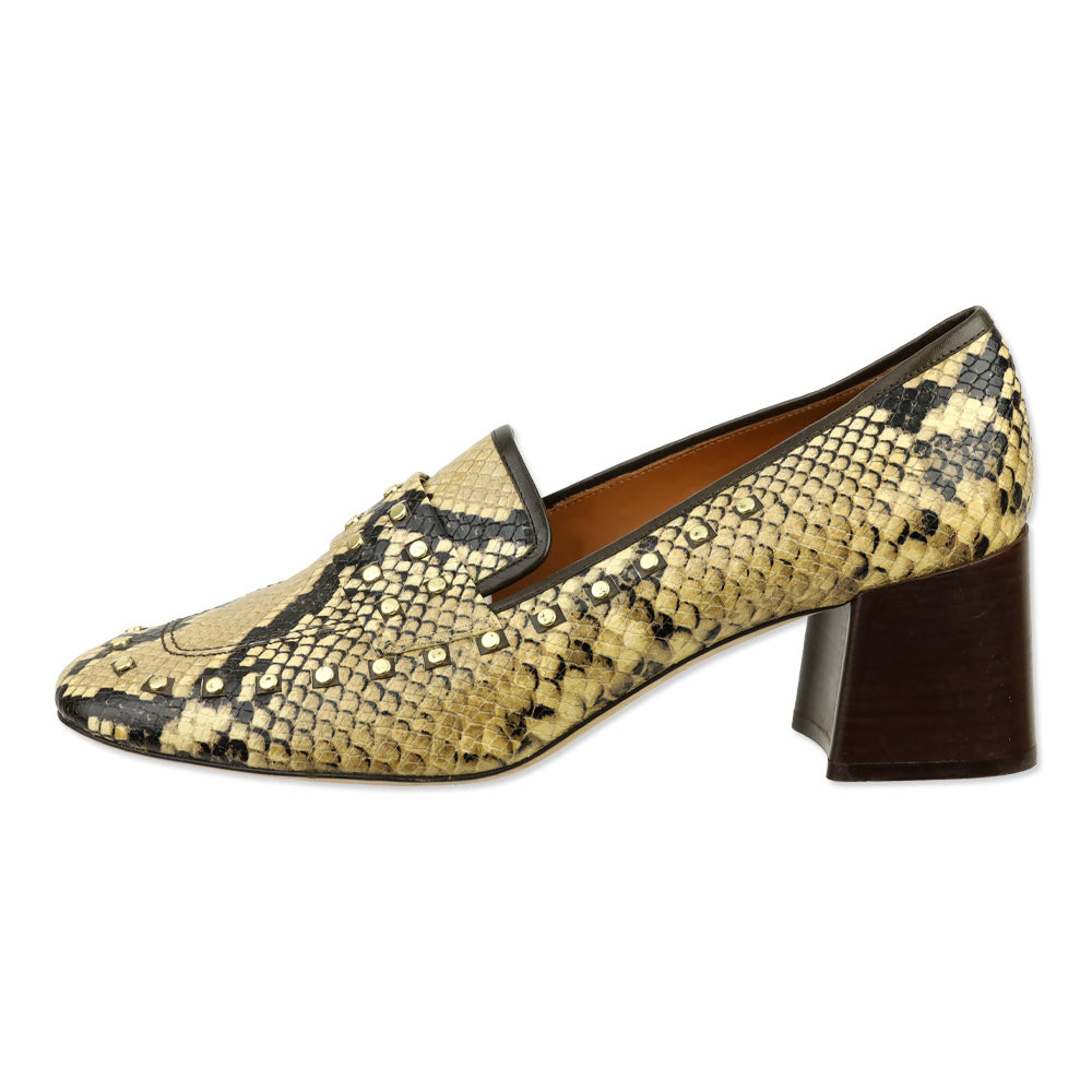 Tory Burch Olive Snakeskin Embossed Leather Studded Loafer Pump