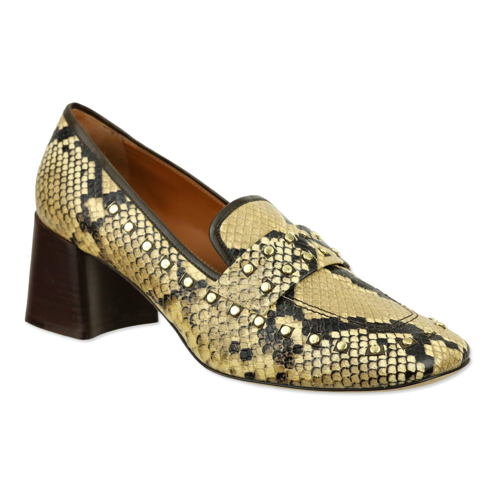 Tory Burch Olive Snakeskin Embossed Leather Studded Loafer Pump