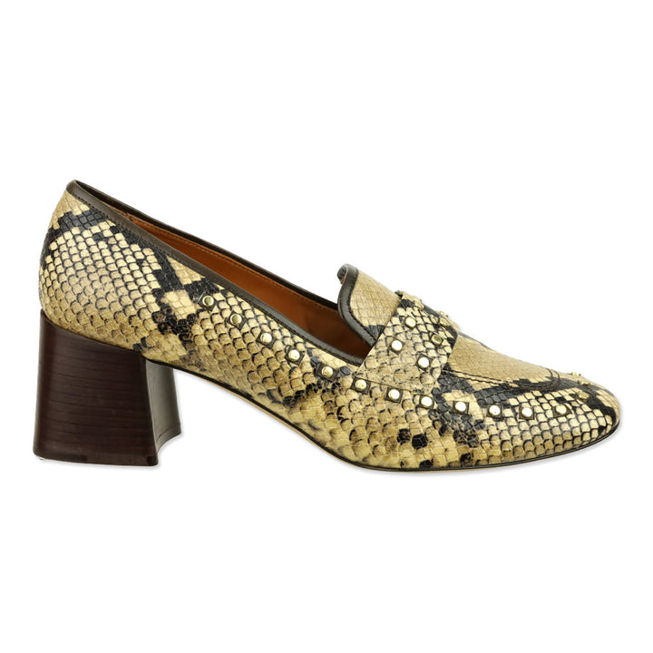 Tory Burch Olive Snakeskin Embossed Leather Studded Loafer Pump