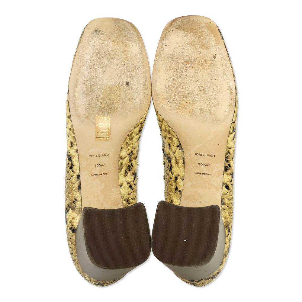 Tory Burch Olive Snakeskin Embossed Leather Studded Loafer Pump
