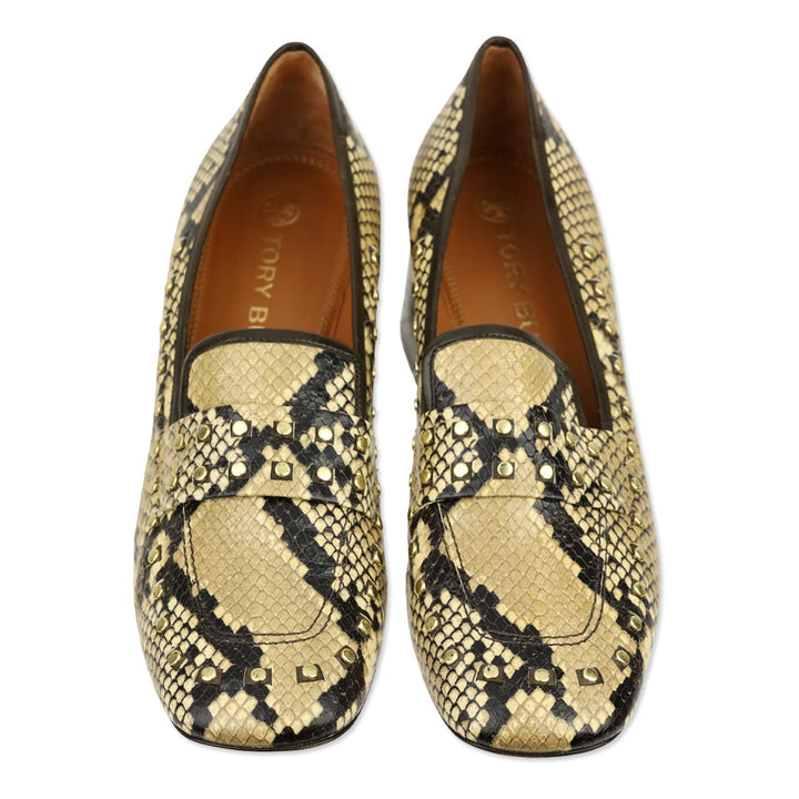 Tory Burch Olive Snakeskin Embossed Leather Studded Loafer Pump
