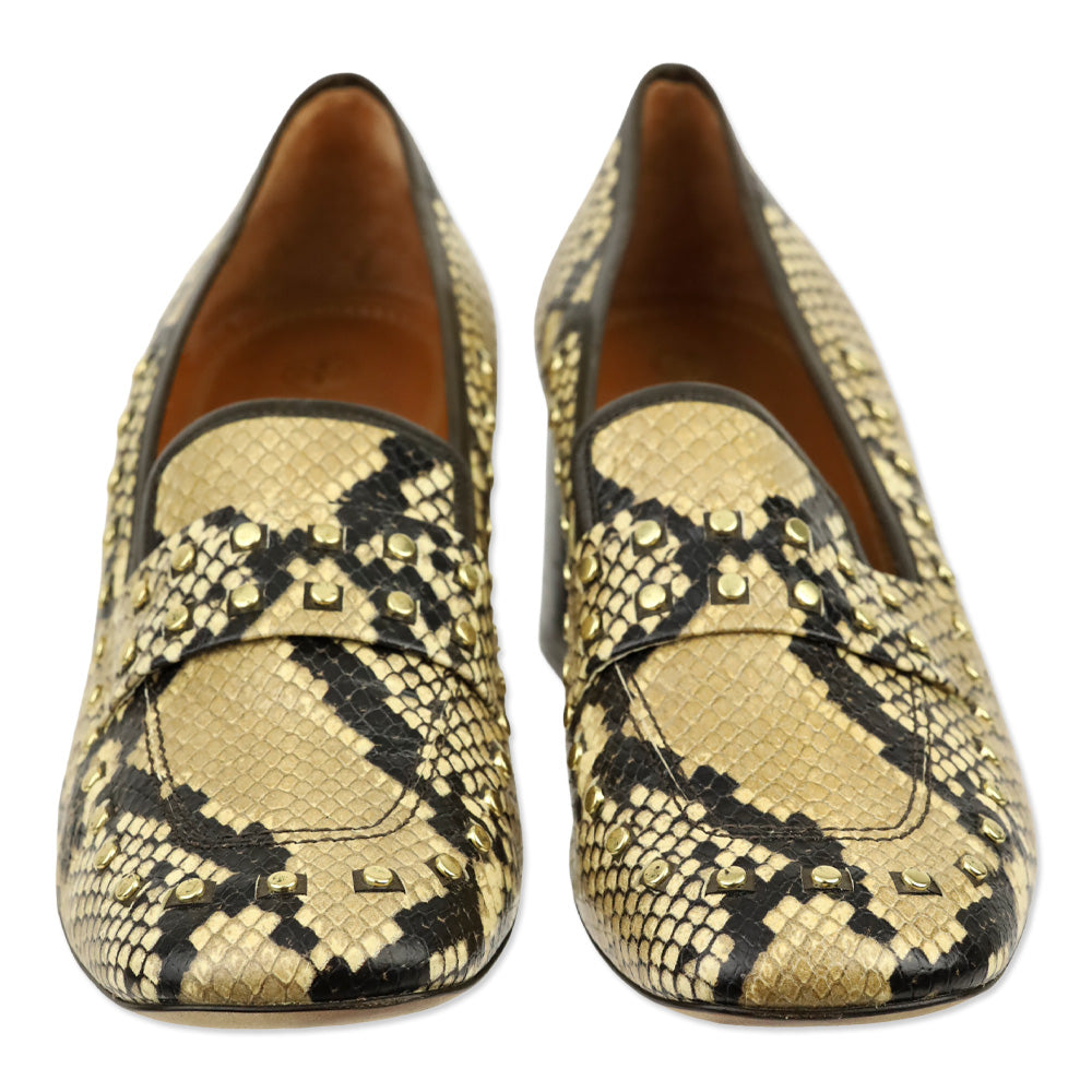 Tory Burch Olive Snakeskin Embossed Leather Studded Loafer Pump