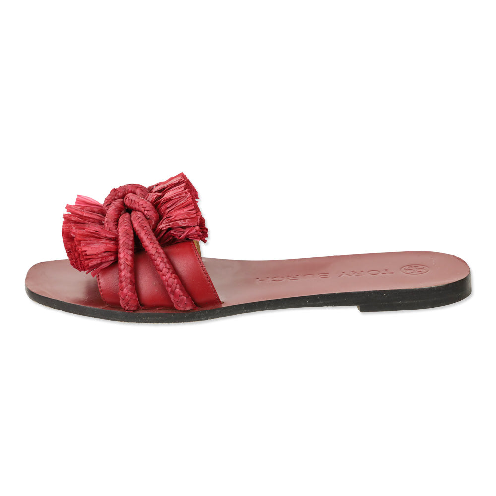 Tory Burch Red Calf Leather/Ropper Raffia Rope Flat Slide