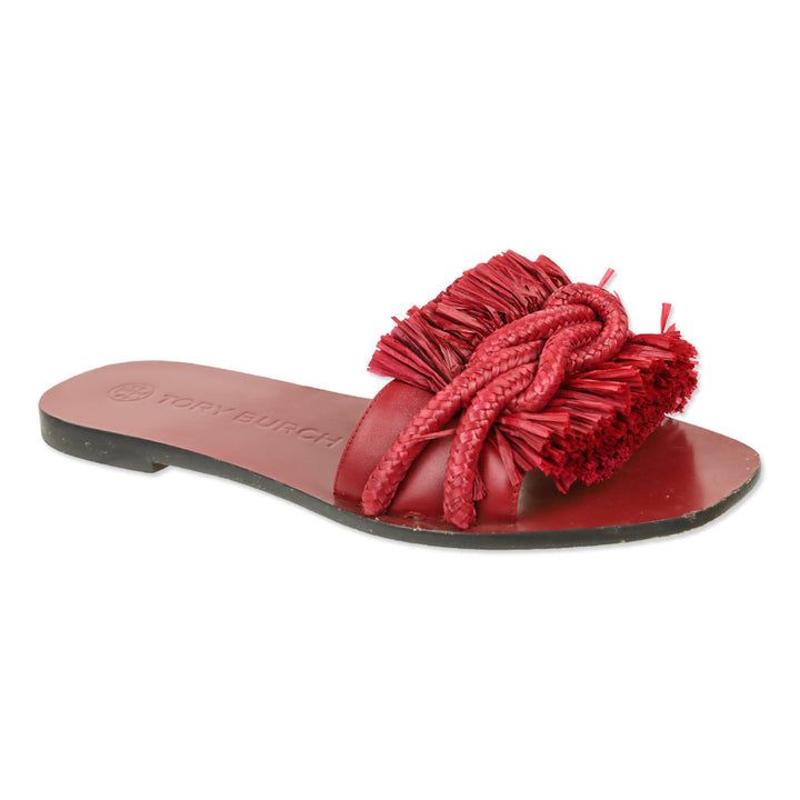 Tory Burch Red Calf Leather/Ropper Raffia Rope Flat Slide