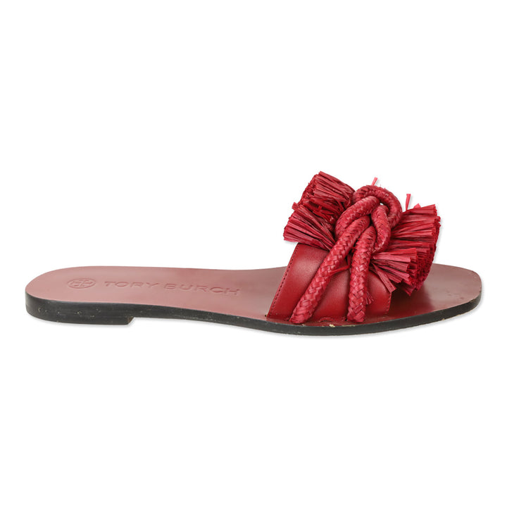 Tory Burch Red Calf Leather/Ropper Raffia Rope Flat Slide