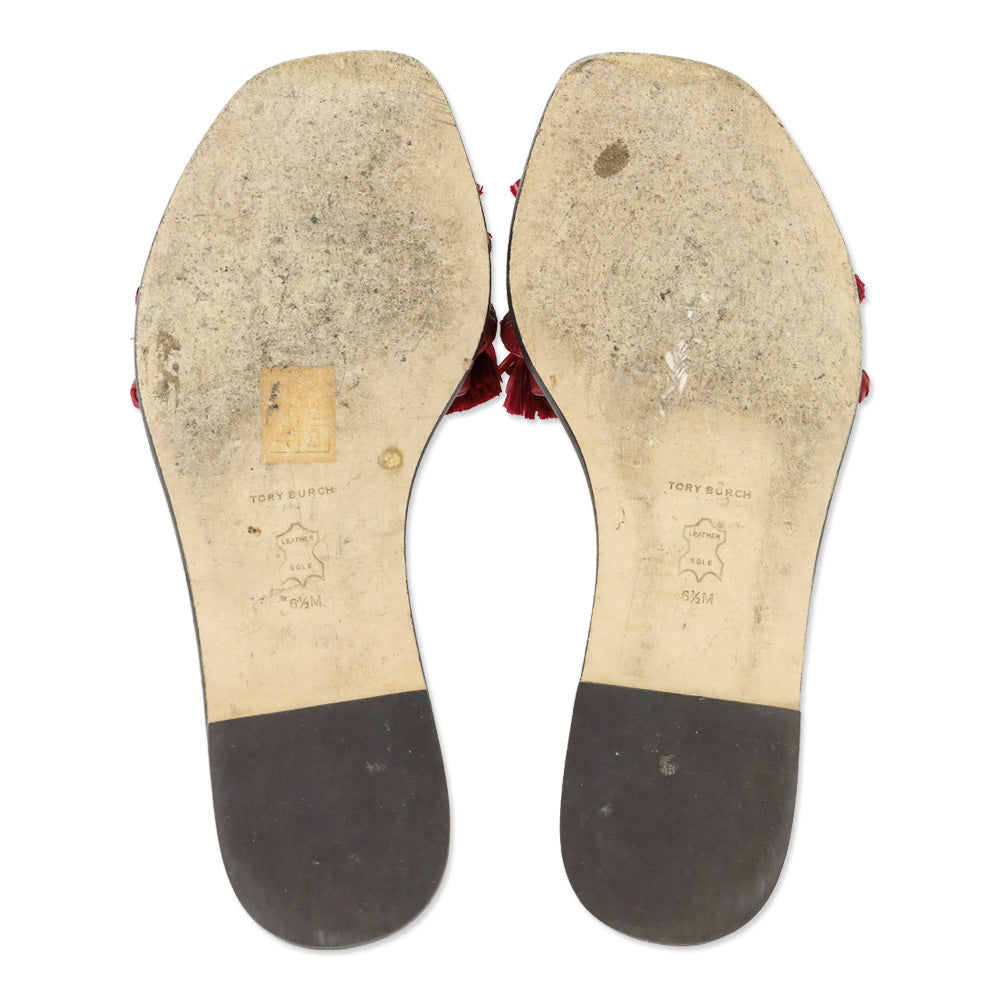 Tory Burch Red Calf Leather/Ropper Raffia Rope Flat Slide