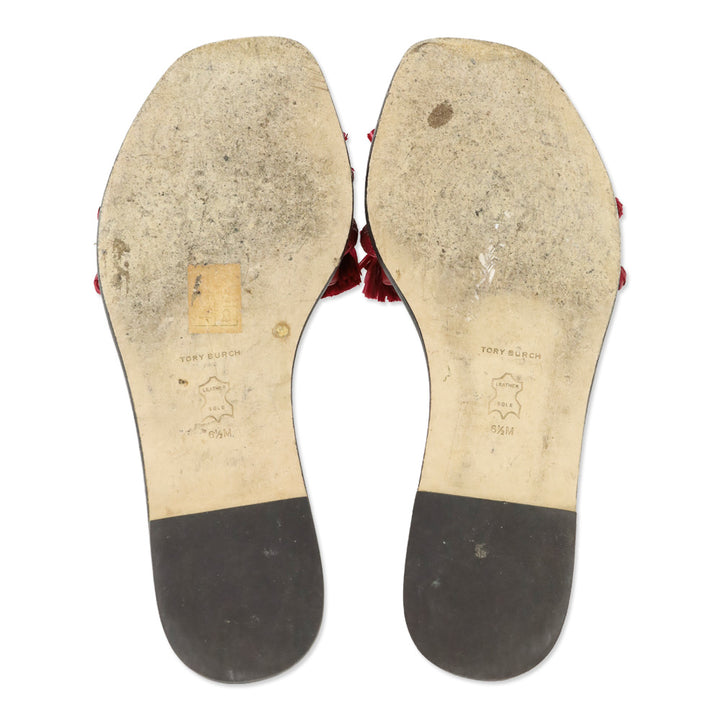 Tory Burch Red Calf Leather/Ropper Raffia Rope Flat Slide