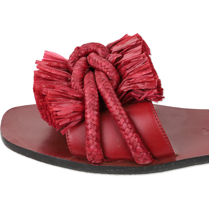 Tory Burch Red Calf Leather/Ropper Raffia Rope Flat Slide