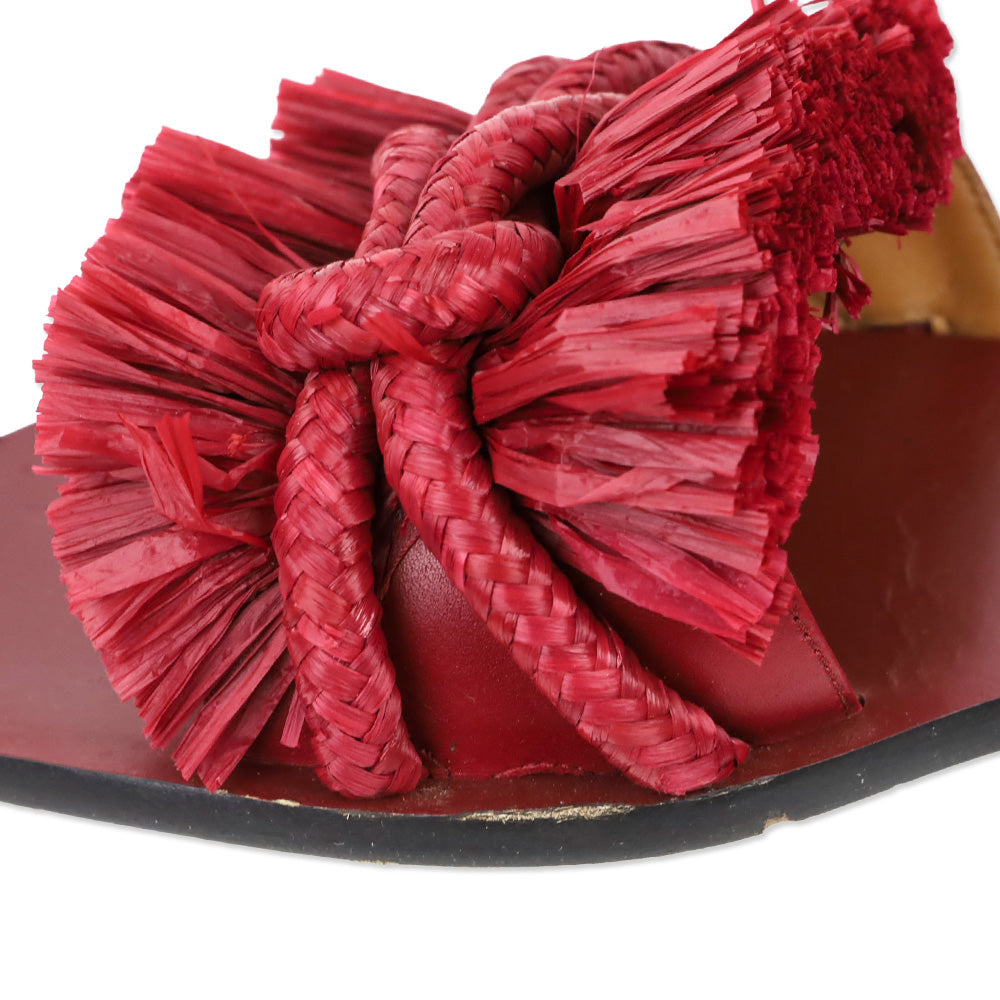 Tory Burch Red Calf Leather/Ropper Raffia Rope Flat Slide