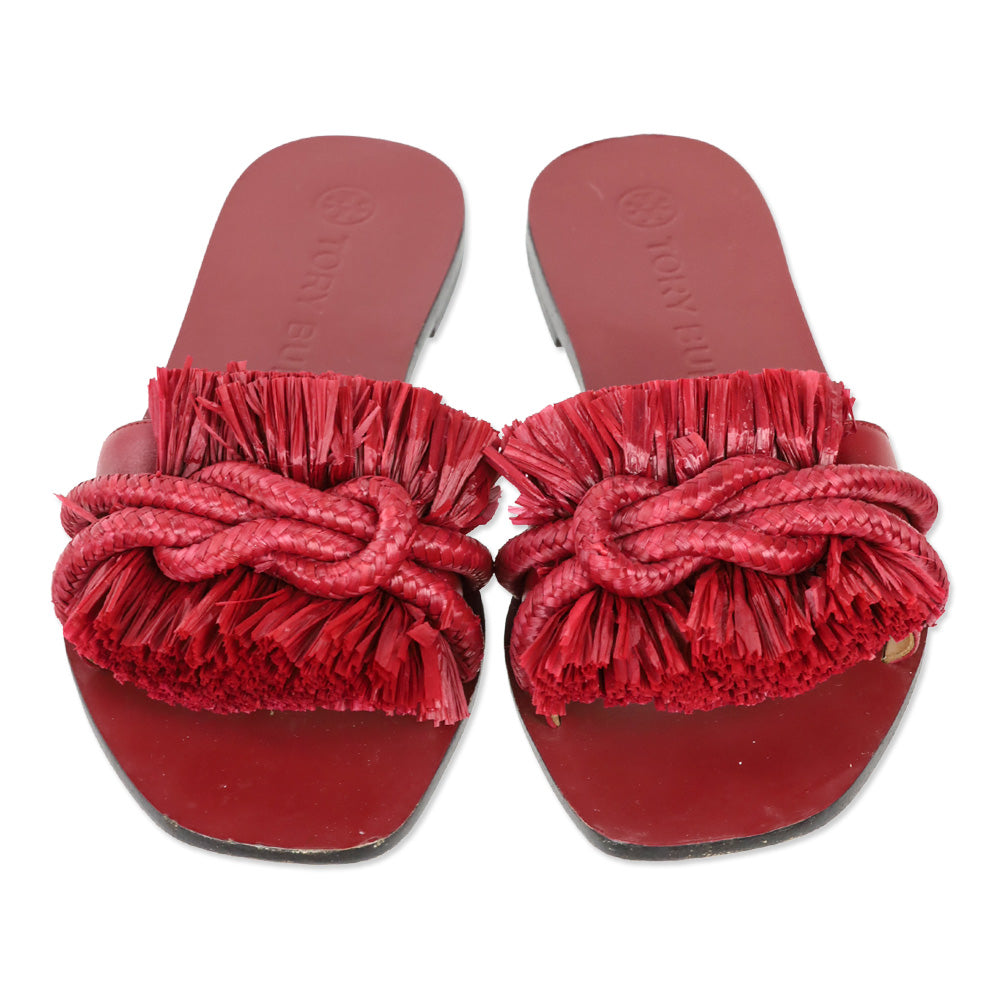 Tory Burch Red Calf Leather/Ropper Raffia Rope Flat Slide