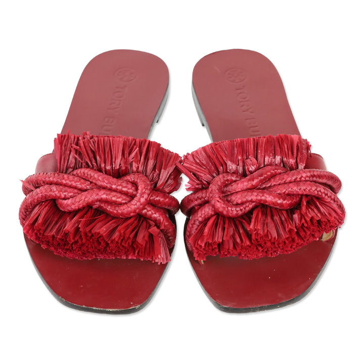 Tory Burch Red Calf Leather/Ropper Raffia Rope Flat Slide