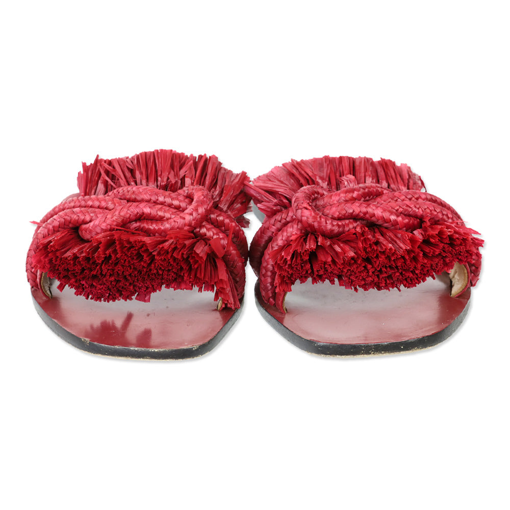 Tory Burch Red Calf Leather/Ropper Raffia Rope Flat Slide