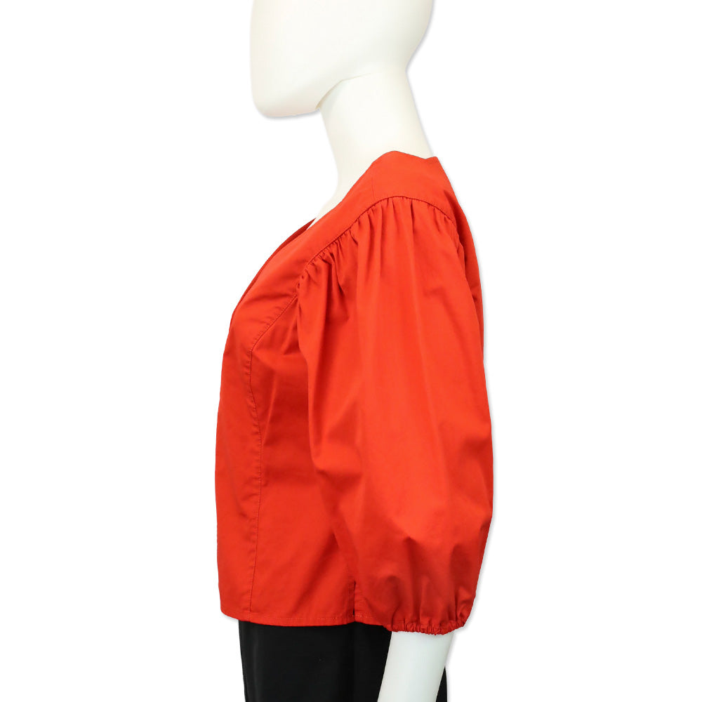 Tory Burch Red Cotton Puffed Sleeve Button Down Blouse
