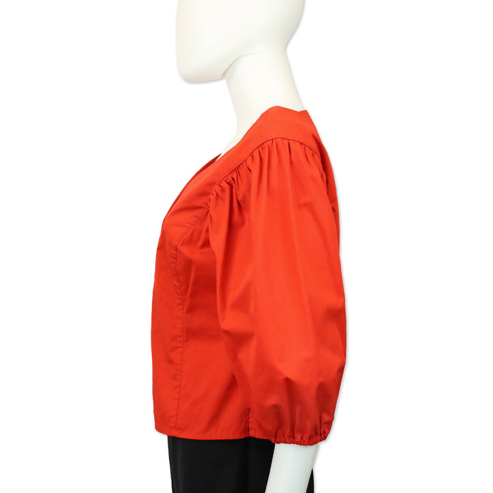 Tory Burch Red Cotton Puffed Sleeve Button Down Blouse