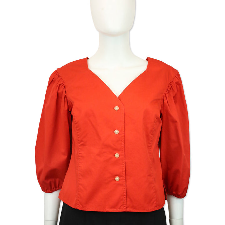 Tory Burch Red Cotton Puffed Sleeve Button Down Blouse