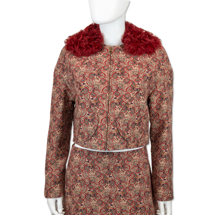 Tory Burch Red Paisley Print Lamb Fur Collar Cropped Jacket