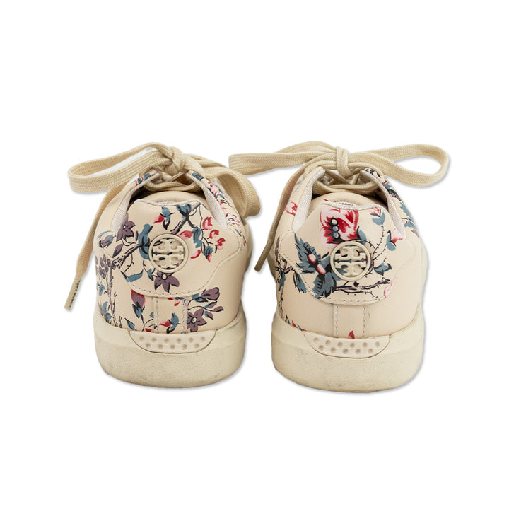 Tory Burch Round Toe Floral Print Leather Low Top Sneakers