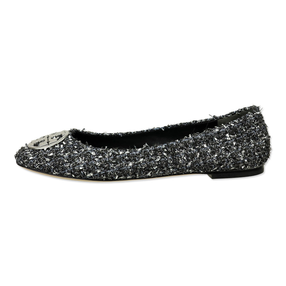 Tory Burch Silver Metallic Tweed Minnie Travel Ballet Flats