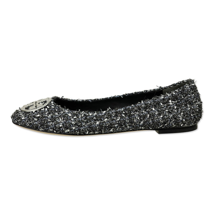 Tory Burch Silver Metallic Tweed Minnie Travel Ballet Flats