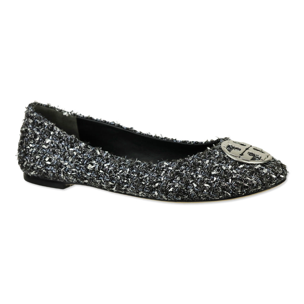 Tory Burch Silver Metallic Tweed Minnie Travel Ballet Flats