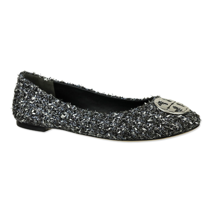 Tory Burch Silver Metallic Tweed Minnie Travel Ballet Flats