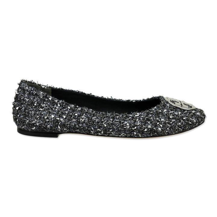 Tory Burch Silver Metallic Tweed Minnie Travel Ballet Flats
