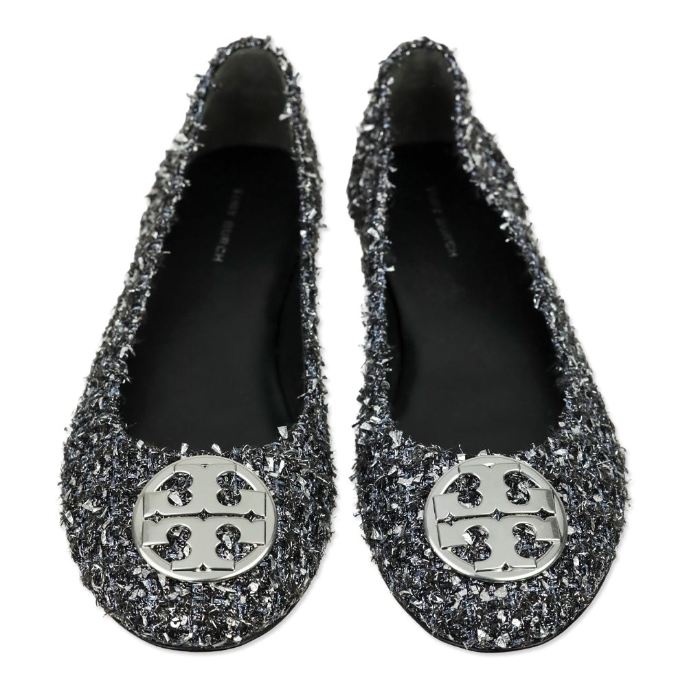 Tory Burch Silver Metallic Tweed Minnie Travel Ballet Flats