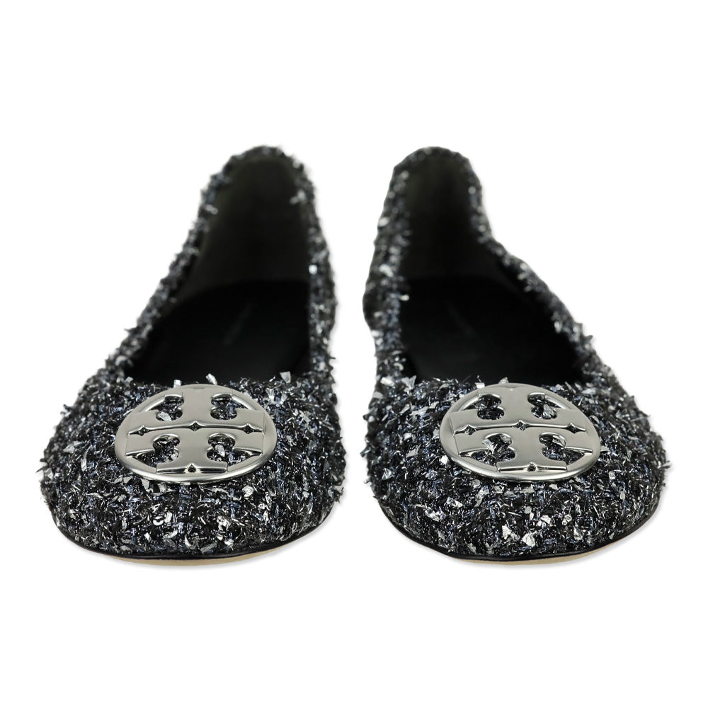 Tory Burch Silver Metallic Tweed Minnie Travel Ballet Flats
