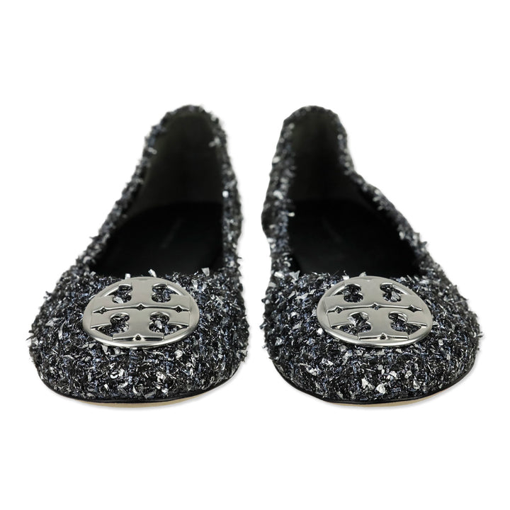 Tory Burch Silver Metallic Tweed Minnie Travel Ballet Flats