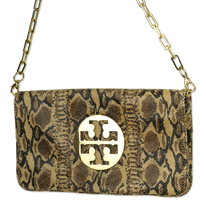 Tory Burch Snakeskin Print Leather Bombe Reva Clutch