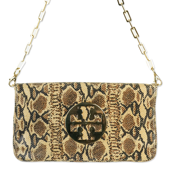Tory Burch Snakeskin Print Leather Bombe Reva Clutch