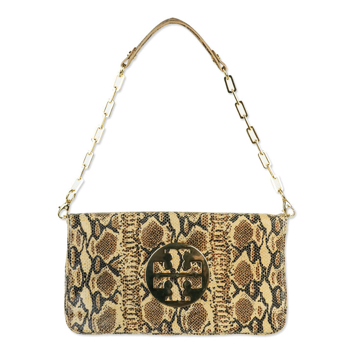 Tory Burch Snakeskin Print Leather Bombe Reva Clutch