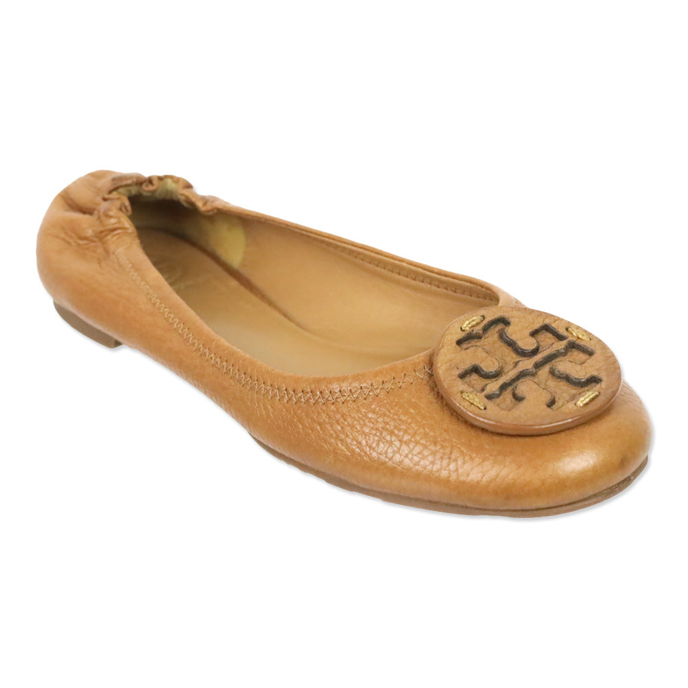 Tory Burch Tan Pebble Leather Minnie Travel Ballet Flats